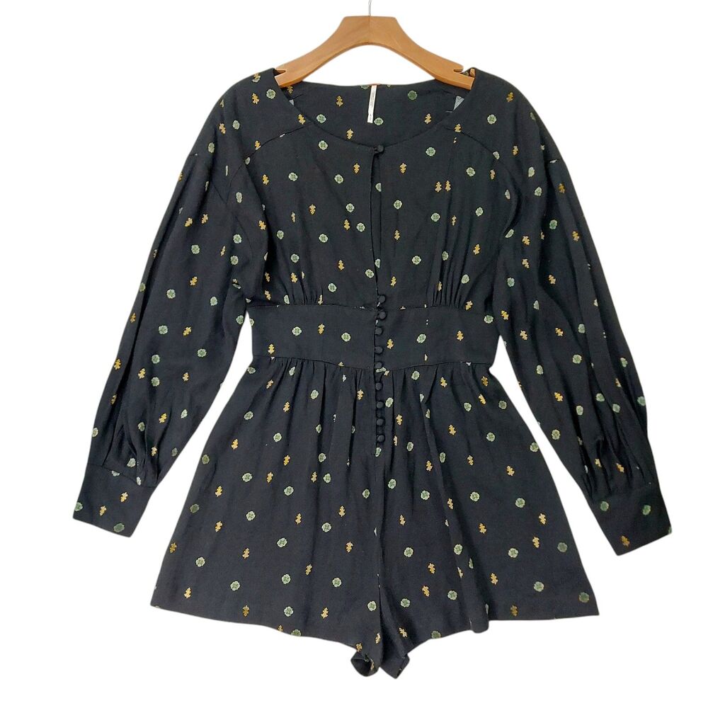 Free People Love Grows Keyhole Romper Womens Small Black Long Sleeve Bohemian